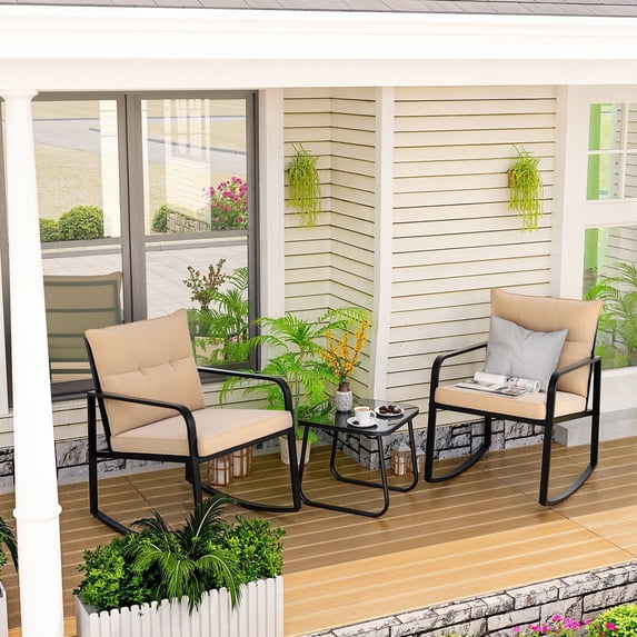 Asofer 3-PCS Patio Furniture Set, Rocking Bistro Set with Soft Cushion & Coffee Table for Porch, Balcony, Backyard, Beige