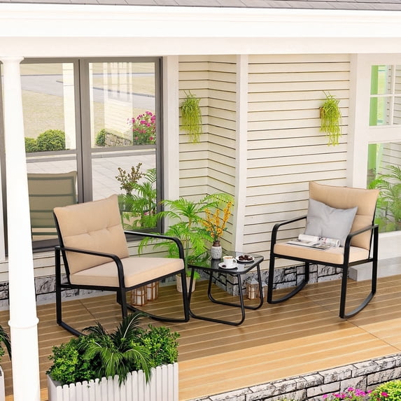 Asofer 3-PCS Patio Furniture Set, Rocking Bistro Set with Soft Cushion & Coffee Table for Porch, Balcony, Backyard, Beige