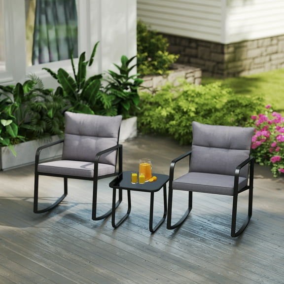 Asofer 3-PCS Patio Furniture Set, Rocking Bistro Set with Soft Cushion & Coffee Table for Porch, Balcony, Backyard, Gray