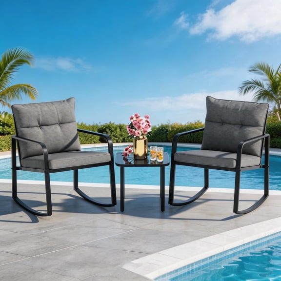 Asofer 3-PCS Patio Furniture Set, Rocking Bistro Set with Soft Cushion & Coffee Table for Porch, Balcony, Backyard, Gray