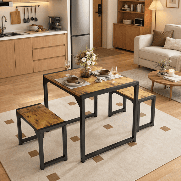 Asofer 3-Piece 2 Person Dining Set, Space Saving Breakfast Nook & Multi-Function Study Desk for Small Apartment Dorm, Back to School Essential for College Students, Brown