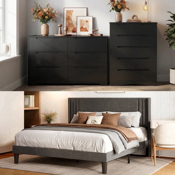 Bedroom Furniture Sets, Asofer Black Room Set Includes Queen Bed Frame, 6-Drawer Dresser & 6-Drawer Dresser