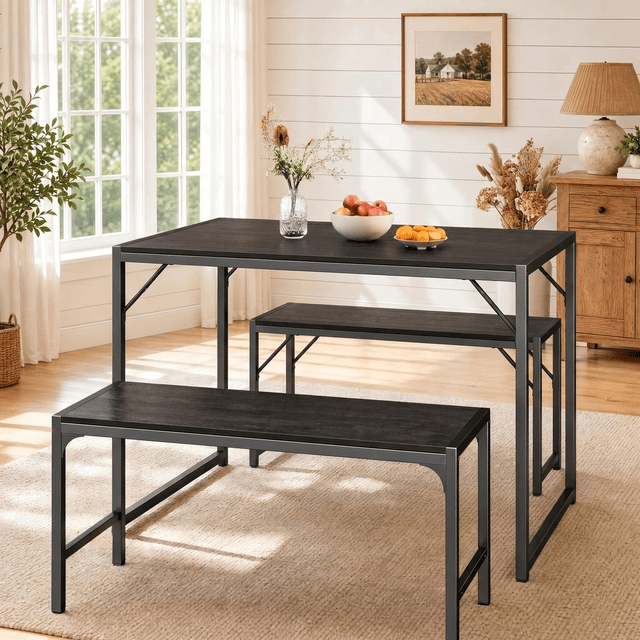 Asofer 45.5 in Dining Table Set for 4 with 2 Benches,Kitchen Table and Bench Set for Small Spaces,Dinette Set for Apartment,Black