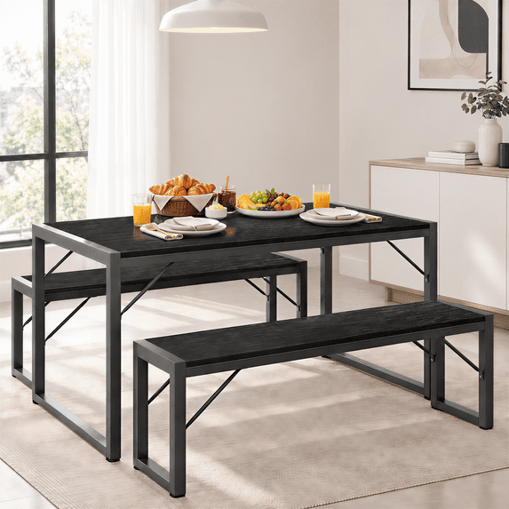 Asofer Dining Table Set for 4, Kitchen Table Set with 2 Benches, Small Dinette Set for Apartment, Black