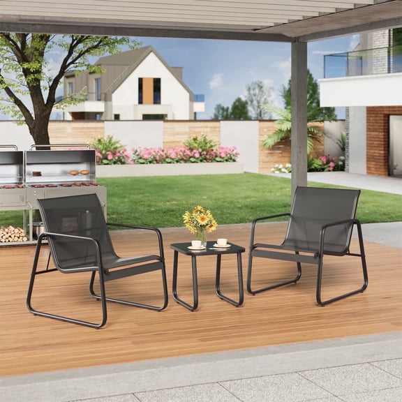 Asofer 3-Piece Outdoor Patio Furniture Set with Glass Table, Bistro Chairs Set for Poolside, Porch, Lawn, Black
