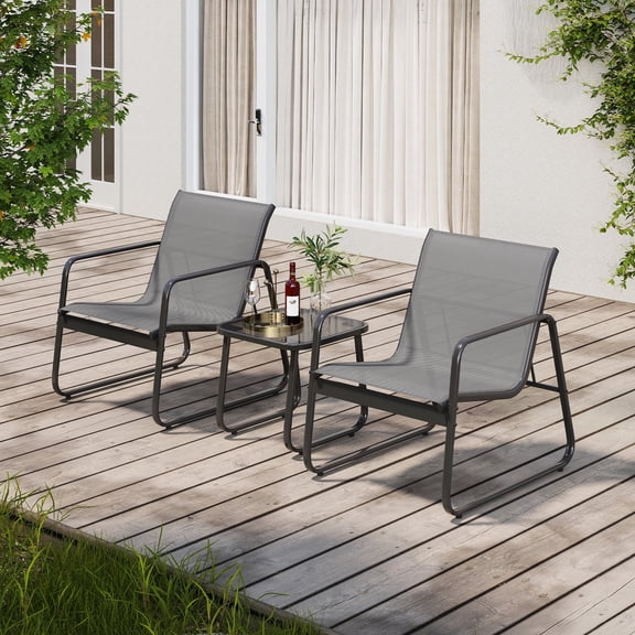 Asofer 3-Piece Outdoor Patio Furniture Set with Glass Table, Bistro Chairs Set for Poolside, Porch, Lawn, Gray