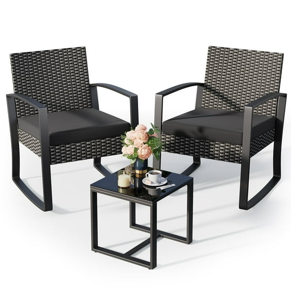 Asofer 3-Piece Patio Furniture Set, Rocking Wicker Chair with Soft Cushion and Coffee Table, for Garden, Balcony, Backyard, Black