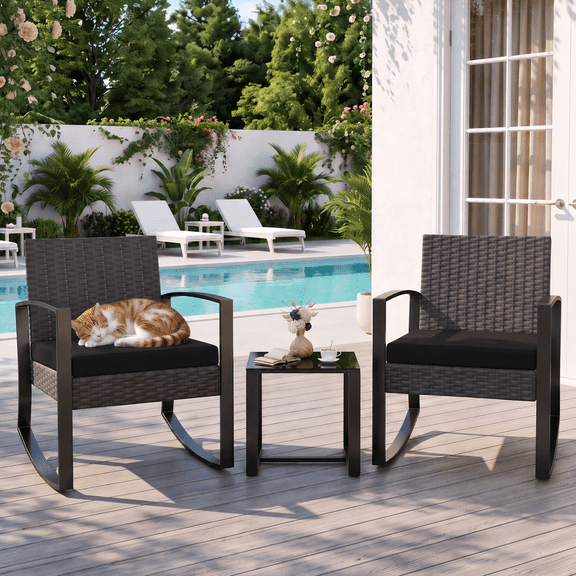 Asofer 3-Piece Patio Furniture Set, Rocking Chair with Soft Cushion and Coffee Table, for Garden, Balcony, Backyard, Black