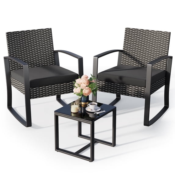 Asofer 3-Piece Patio Furniture Set, Rocking Wicker Chair with Soft Cushion and Coffee Table, for Garden, Balcony, Backyard, Black