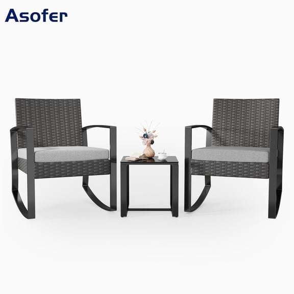 Patio Furniture Set, Rocking Bistro Set Wicker Chair with Coffee Table for Balcony, Backyard, Gray