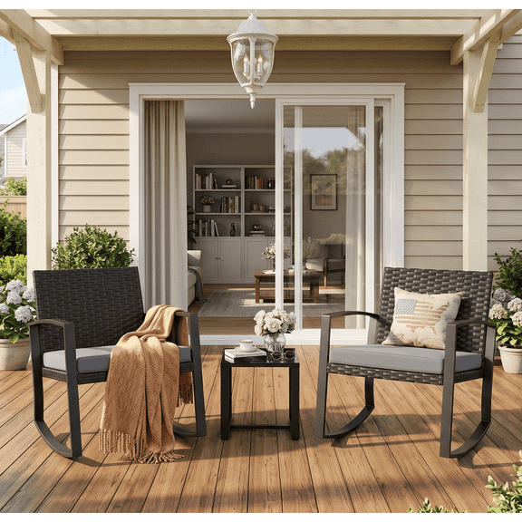 Patio Furniture Set on Sale, Rocking Bistro Set Chair with Coffee Table for Balcony, Backyard, Gray