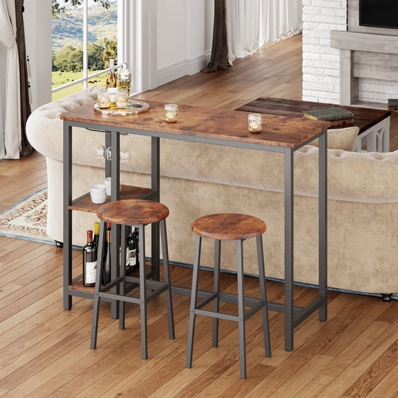 Asofer 3-Piece Retro Bar Table and Chairs Set, Small Dining Set for 2 with Storage, Suitable for Kitchen, Living Room, Patio, Perfect Christmas Gift,Brown