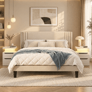 Asofer 3-Piece Bedroom Set, Upholstered Queen Bed Frame with 2 LED Nightstands