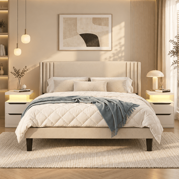 Asofer 3-Piece Bedroom Set, Upholstered Queen Bed Frame with 2 LED Nightstands