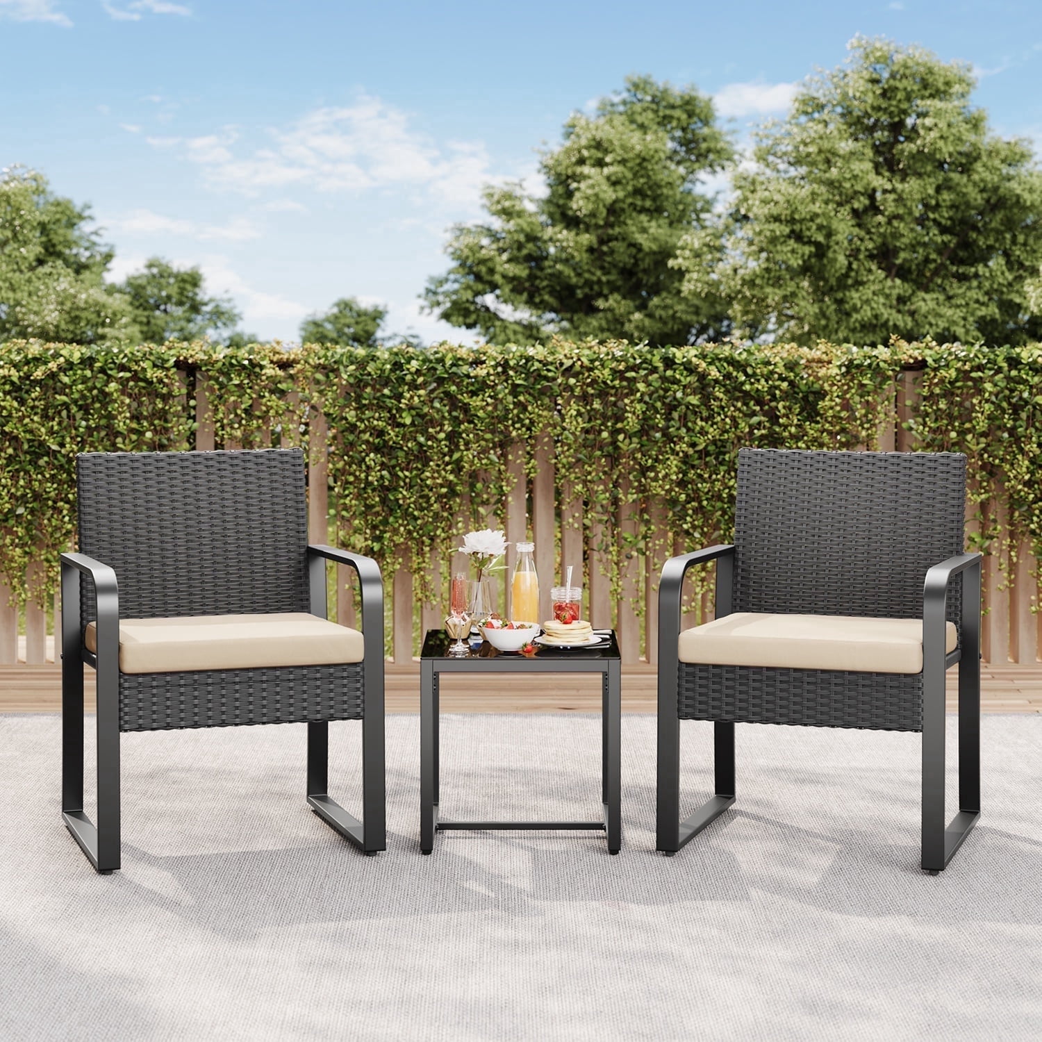 Asofer 3 PCS Patio Furniture Set, Outdoor Wicker Chair with Glass Table, Poolside, Balcony, Beige