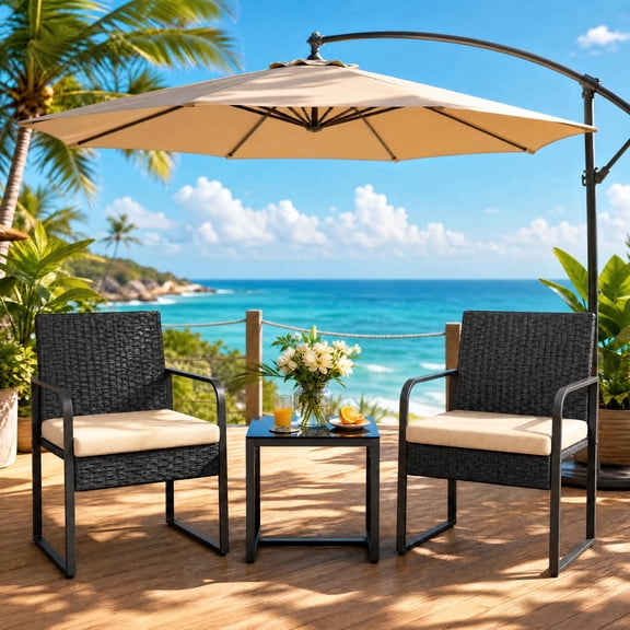 Asofer 3 PCS Patio Furniture Set, Outdoor Wicker Chair with Glass Table, Poolside, Balcony, Beige