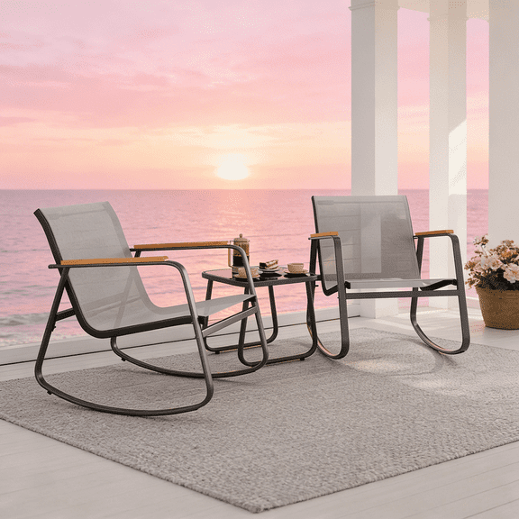 Asofer 3 Pieces Patio Chairs, Outdoor Bistro Set,Patio Furniture with 2 Outdoor Rocking Chairs and 1 Glass Coffee Table for Poolside, Porch, Balcony
