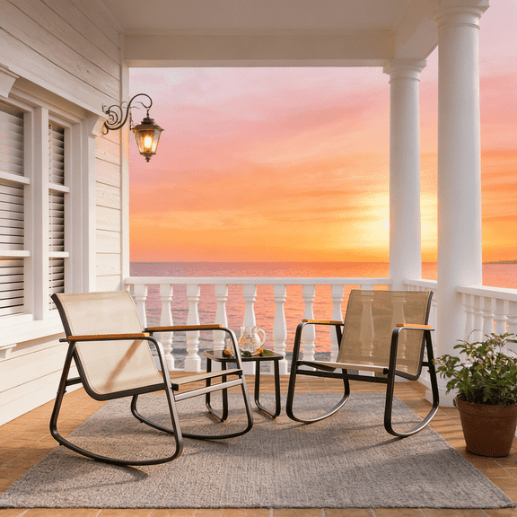 Asofer 3 Pieces Patio Chairs, Outdoor Bistro Set,Patio Furniture with 2 Outdoor Rocking Chairs and 1 Glass Coffee Table for Poolside, Porch, Balcony