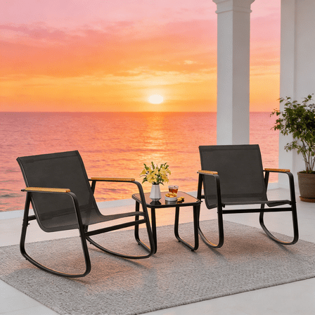 Asofer 3 Pieces Patio Chairs， Outdoor Bistro Set，Patio Furniture with 2 Outdoor Rocking Chairs and 1 Glass Coffee Table for Poolside, Porch, Balcony