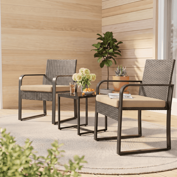 Asofer 3 Pieces Patio Chairs with Cushions,All-Weather Outdoor Rattan Furniture Sets with Glass Table for Garden,Porch, Bistro,Yard