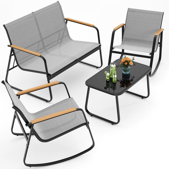 Patio Furniture Set of 4,Asofer Outdoor Bistro Conversation Set with Coffee Table, Rocking Chairs and Loveseat for Balcony, Porch, Backyard, Gray
