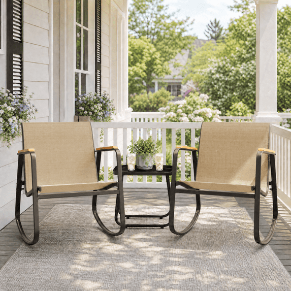 Asofer 3 Pieces Rocking Sets,Bistro Patio Furniture with 2 Outdoor Rocking Chairs and 1 Glass Coffee Table for Porch Deck Lawn,Poolside, Porch, Lawn