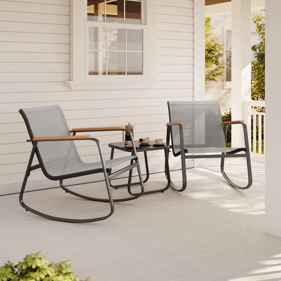 Asofer 3 Pieces Patio Furniture Set，Bistro Patio Furniture with 2 Outdoor Rocking Chairs and 1 Glass Coffee Table for Porch Deck Lawn，Poolside, Porch, Lawn