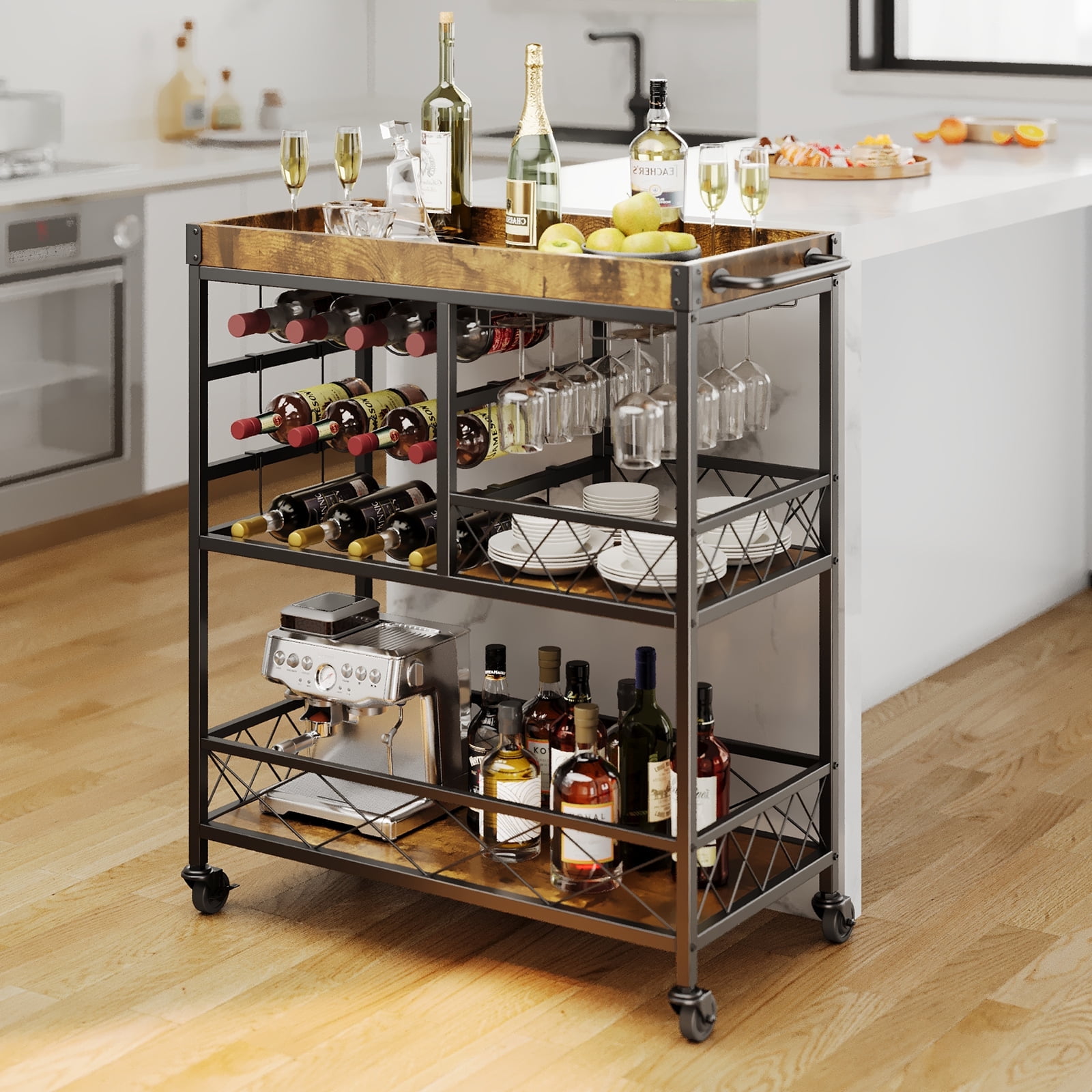 Asofer Bar Cart for The Home, 3 Tier Rolling Serving Cart on Lockable Wheels, Beverage Cart with Removable Top Tray, Retro - Walmart.com