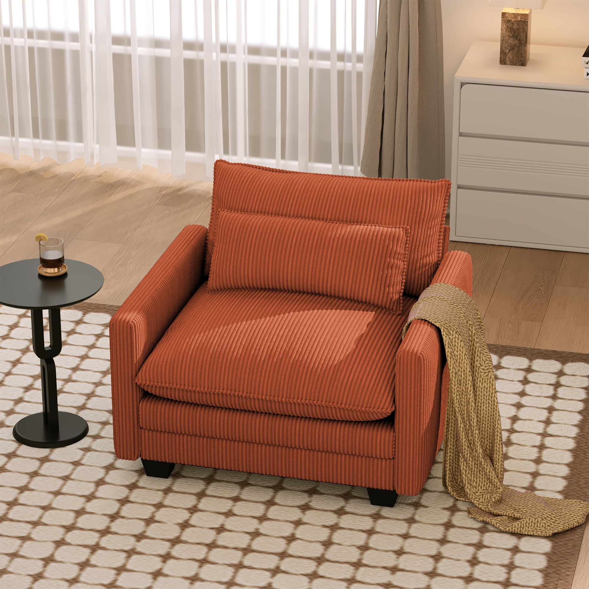 Cloud Corduroy Accent Chair, Deep Memory Foam Seat with Washable Zipper Cover & Arm Pillow, Modern Leisure Single Sofa for Living Room Bedroom Balcony, Orange
