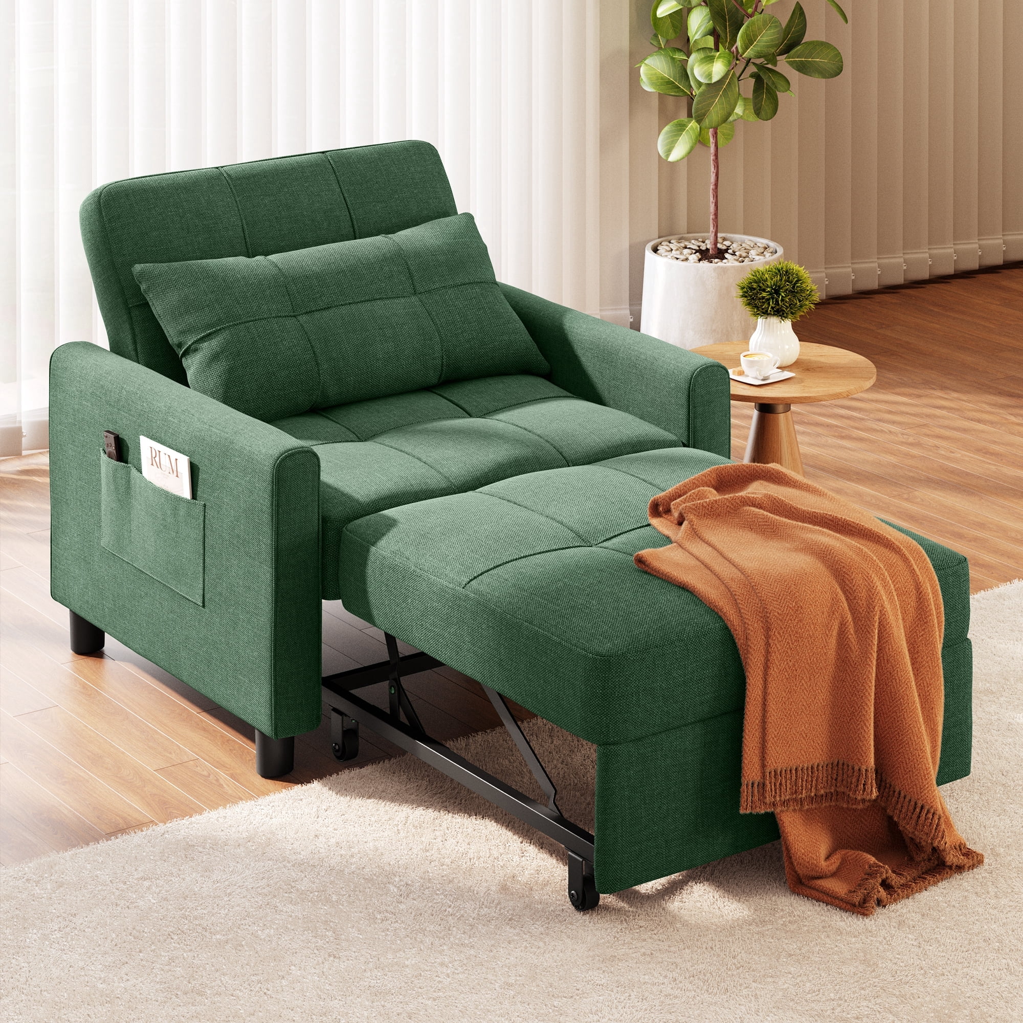 Asofer 3-in-1 Convertible Sleeper Sofa Chair, Adjustable Backrest Futon Couch, Linen Fabric Multi-Functional Recliner Chair Bed, Space Saving Furniture for Living Room Apartment Office,Green