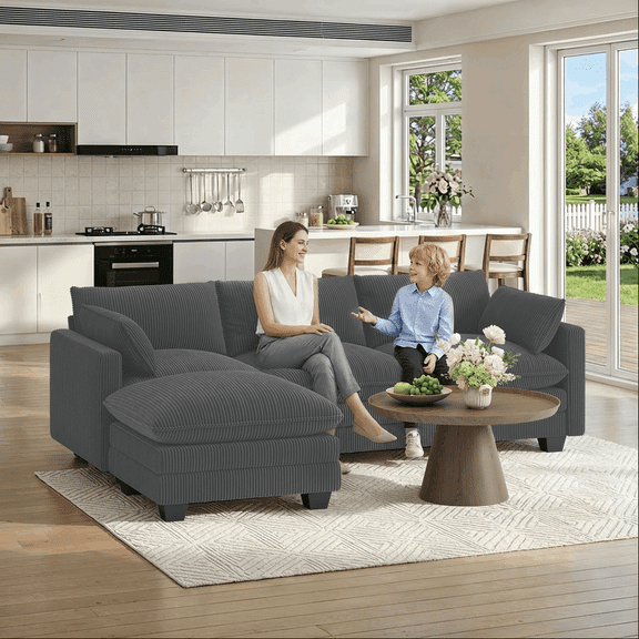110" Couch Washable Cloud Sofa, Comfy Extra Deep Seat 3 Seater Couch for Living Room, Oversized Loveseat with 2 Pillows & Ottoman, Dark Gray