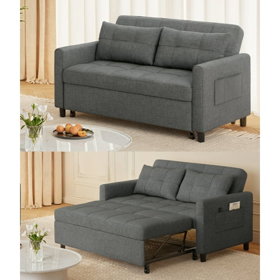 Asofer Sofa Bed, Loveseat Sofabed with Pull Out Couch, 3 in 1 Linen Fabric Futon Couches for Living Room Furniture, Full Size (Dark Grey)