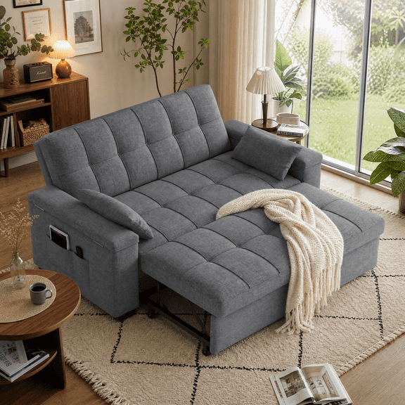 Asofer 3-in-1 Convertible Sofa Bed,Oversized Linen Sleeper with Pull-Out Bed, Recliner & Side Pocket for Apartment, Dorm, Office,Dark Gray