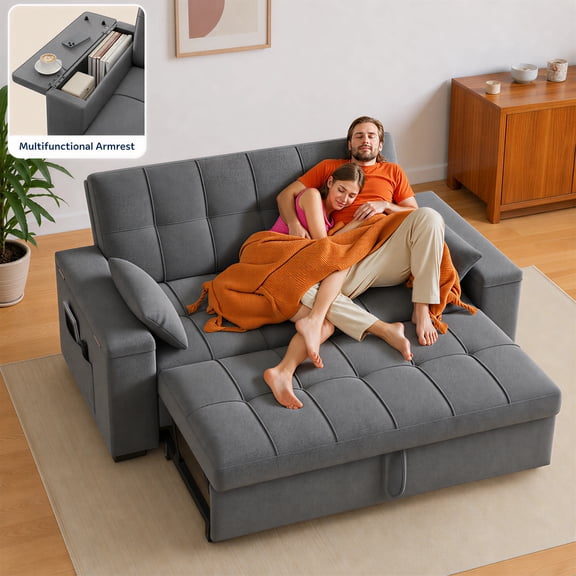 Convertible Sleeper Sofa, Asofer Linen Sofa Bed, Pull Out Loveseat Couch with Storage Armrests & Adjsutable Backrest for Living Room, Dark Gray