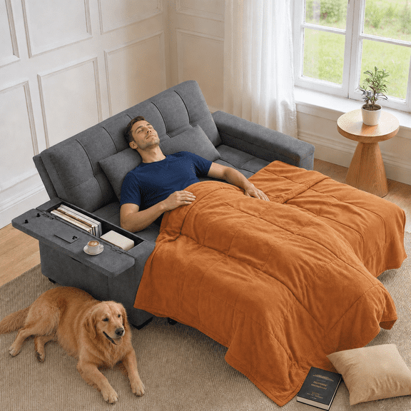 Asofer 3 in 1 Convertible Sleeper Sofa Bed, with Storage Armrests, Pull Out Couch for Living Room Apartment Office, Dark Gray