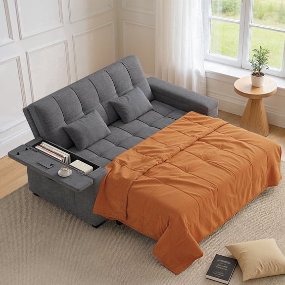 Asofer 3 in 1 Convertible Loveseat Sleeper Sofa Bed with Storage Armrests, Pull Out Couch for Living Room Apartment Office, Dark Gray