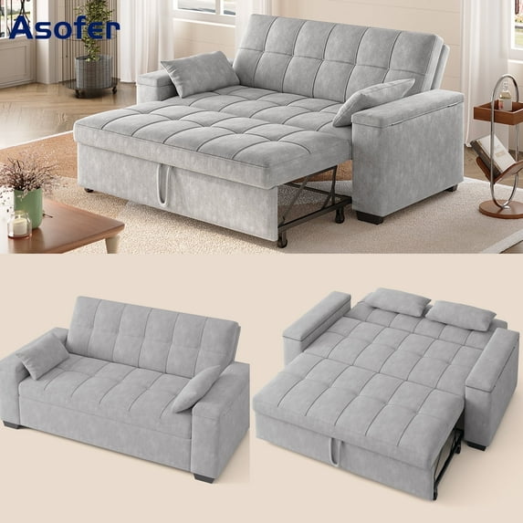 Asofer 3 in 1 Convertible Sofa Bed with Pull Out Couch, Storage armrests, Adjustable Backrest, Light Grey
