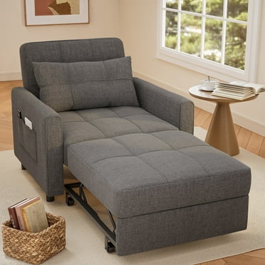 Sofa Bed Chair Convertible, Sleeper Chair with Pull-Out Bed, 3-in-1 Futon Couch with Reclining Backrest and Side Pocket, Dark Grey