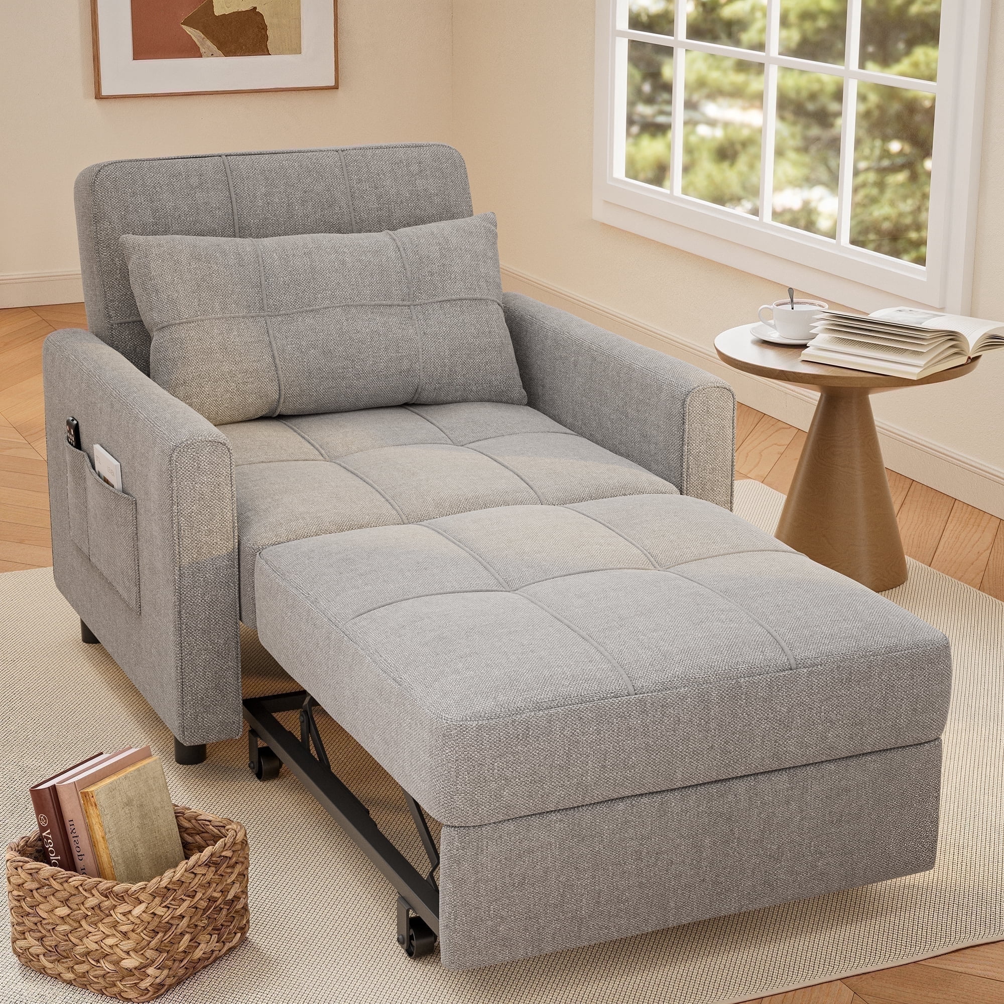 Sofa Bed Chair Convertible, Sleeper Sofa with Pull-Out Bed, 3-in-1 Futon Couch with Reclining Backrest and Side Pocket, Light Grey