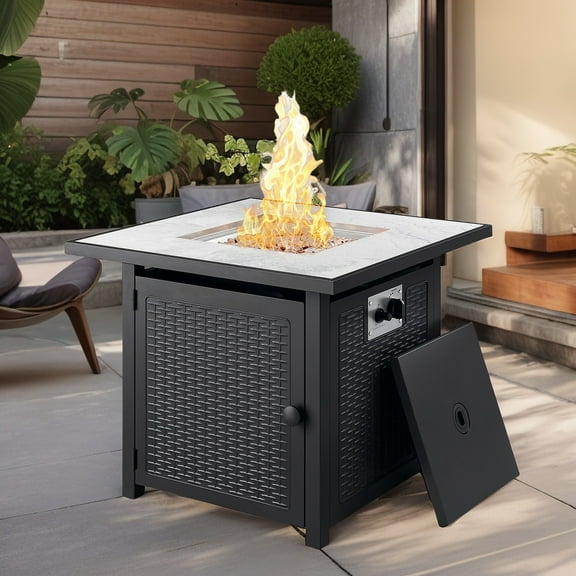 Asofer 30" Propane Fire Pit Table with Lid & Lava Rock, 50,000 BTU Wicker Patio Firepit for Outdoor Dining, Party