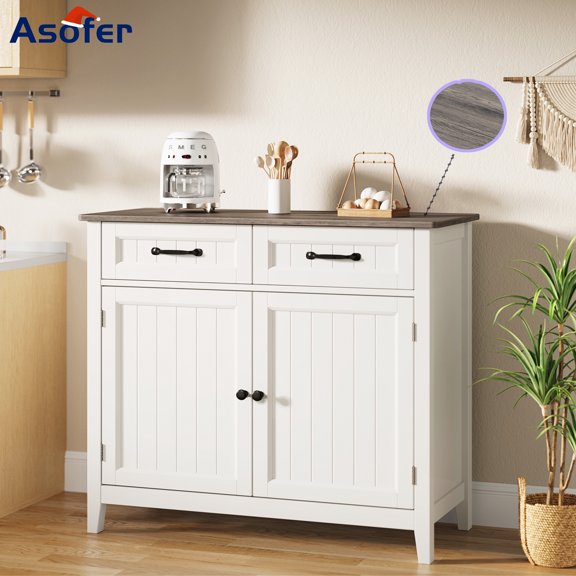 Asofer 35'' Sideboard Buffet Cabinet, Wood Coffee Bar with Adjustable Shelf, 2 Door, 2 Drawer, Gray