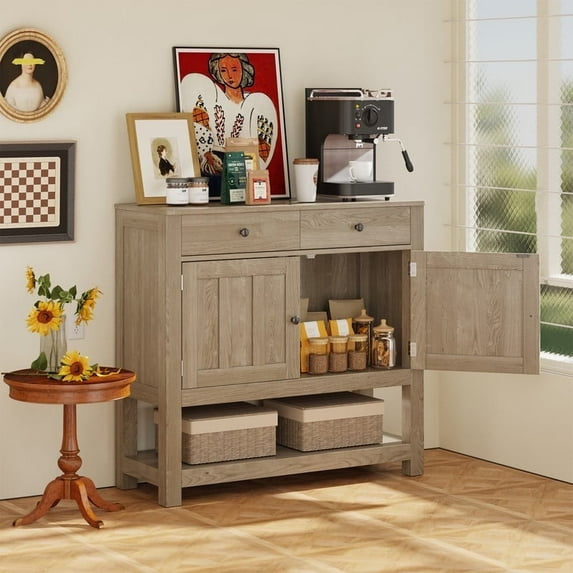 Asofer 33.5" Farmhouse Buffet Sideboard Cabinet,Farmhouse Console Table with 2 Storage Drawer and 2 Cabinets,Entryway Sofa Table for Kitchen, Dining Room, Living Room,Gray