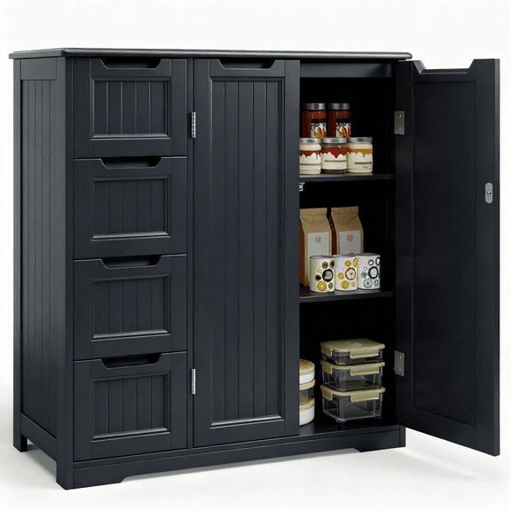 Asofer 33.5" H Pantry Cabinet, Freestanding Floor Cupboard with Adjustable Shelves, 4 Doors for Kitchen, Living Room, Black