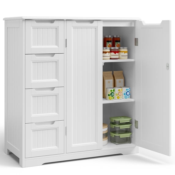 Asofer 33.5" H Pantry Cabinet, Freestanding Floor Cupboard with Adjustable Shelves, 4 Doors for Kitchen, Living Room, White