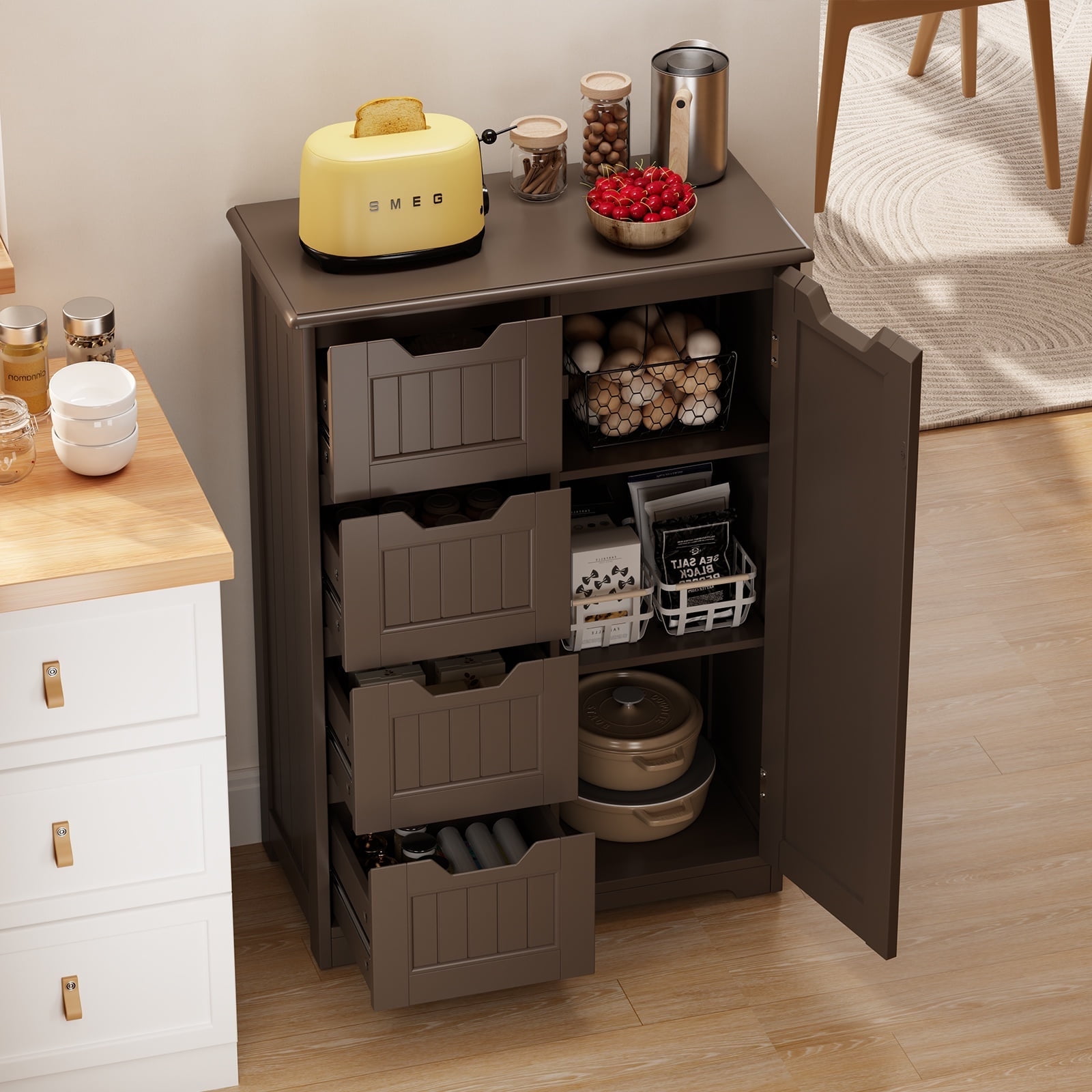 Asofer 33"H Pantry Cabinet, 1 Door 4 Drawer Sideboard with 3 Adjustable Shelves for Kitchen Dining Room, Dark Brown