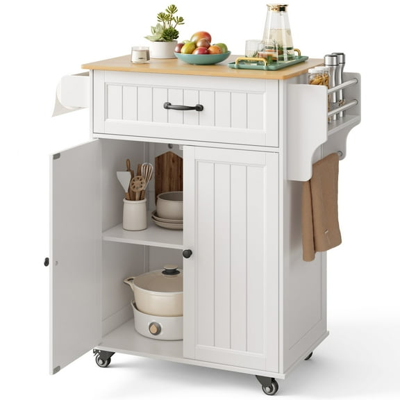 Asofer 33.6" Kitchen Island Cart with Storage, Adjustable Shelf & Drawer, for Dining Room, White