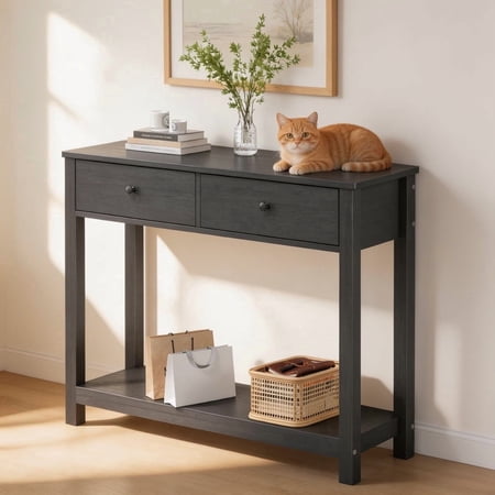 Console Table with 2 Drawers, Asofer 39" Modern Sofa Table, Narrow Wood Entryway Table with Open Storage for Living Room, Foyer, Black