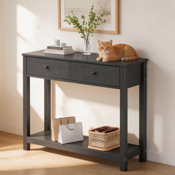 Console Table with 2 Drawers, Asofer 39" Modern Sofa Table, Narrow Wood Entryway Table with Open Storage for Living Room, Foyer, Black