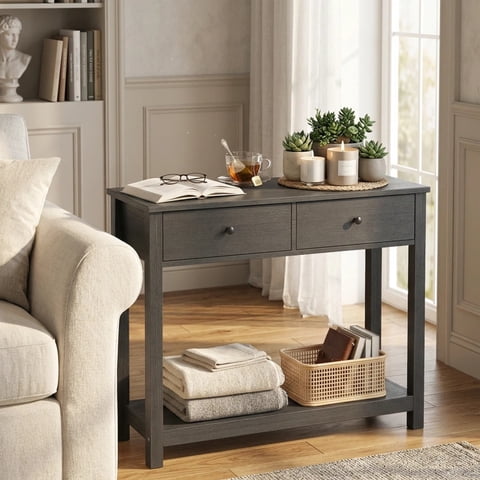 Asofer 39" Console Table with 2 Drawers, Modern Sofa Table, Narrow Wood Entryway Table for Living Room, Foyer, Black