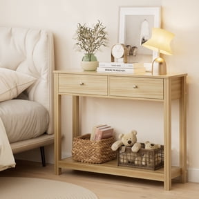 Asofer 39" Console Table with 2 Drawers, Modern Sofa Table, Narrow Wood Entryway Table for Living Room, Foyer, Natural